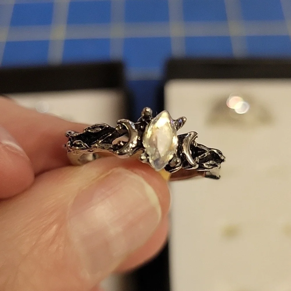 Diamond Faux Solitaire Antique Silver Tone Ring Size 7.5